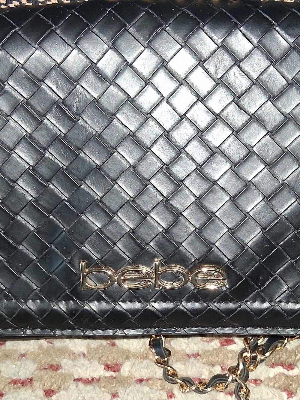 bebe Black Woven Leather Chain Shoulder Bag